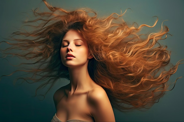 Les cheveux flottants d'une jeune femme Motion Drop de cheveux Tossant dans une pose de mode sur un fond solide