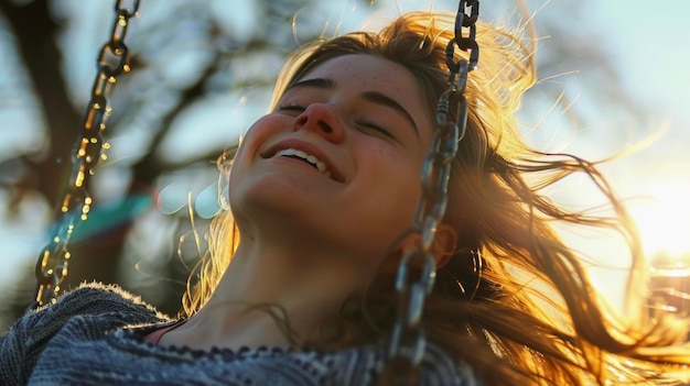 Les cheveux d'une jeune femme soufflent sauvagement alors qu'elle se balance haut sur un terrain de jeu.