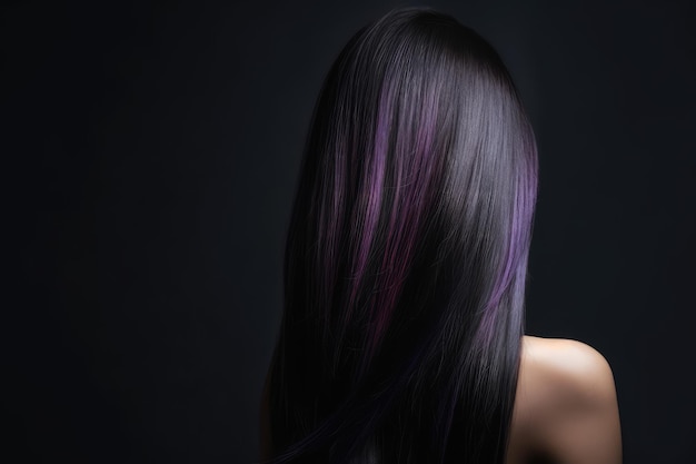 Cheveux noirs raides avec une strie violette Vue arrière AI générative