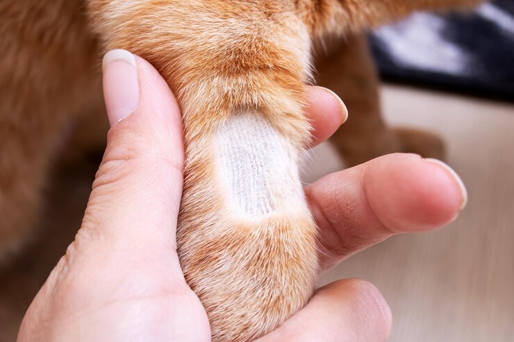 Cheveux rasés sur la patte d'un chat libre