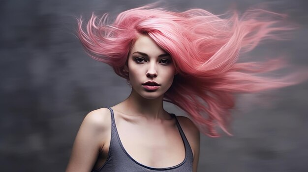 Cheveux roses vifs sur fond gris