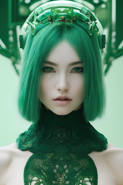 Les cheveux verts de la fille sont un modèle avec des cheveux verts et un bandeau vert.