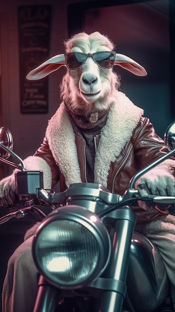 chèvre au vélo harley davidson photo animal humanisée vue professionnelle tir réaliste