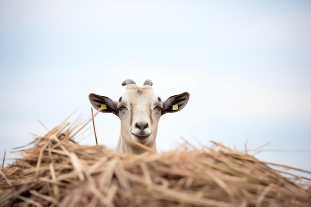 Une chèvre aux longues cornes perchée sur une pyramide de foin