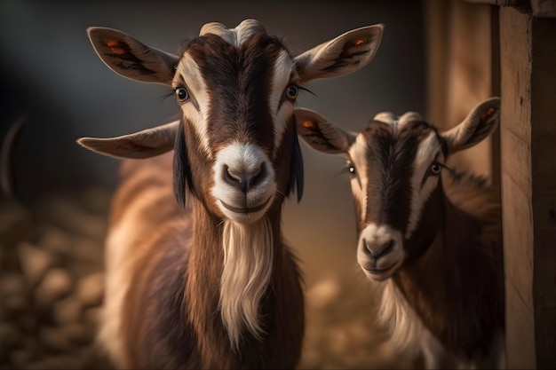 Une chèvre avec une barbe blanche et une barbe brune se tient devant une grange.