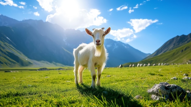 Chèvre bien entretenue sur un prairie vert par une journée ensoleillée Produit laitier biologique Paysage agricole IA générative