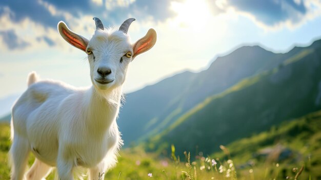 Chèvre bien entretenue sur un prairie vert par une journée ensoleillée Produit laitier biologique Paysage agricole IA générative