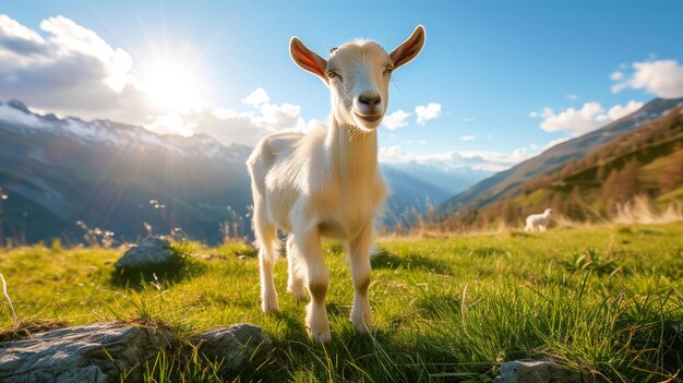 Chèvre bien entretenue sur un prairie vert par une journée ensoleillée Produit laitier biologique Paysage agricole IA générative