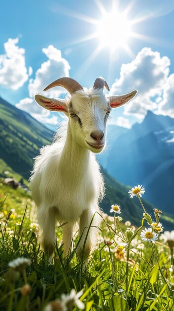 Chèvre bien entretenue sur un prairie vert par une journée ensoleillée Produit laitier biologique Paysage agricole IA générative