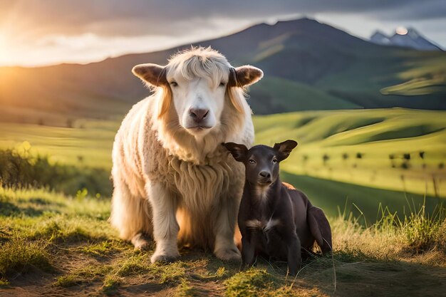 une chèvre et une chèvre sont assises dans un champ avec le soleil se couchant derrière elles.