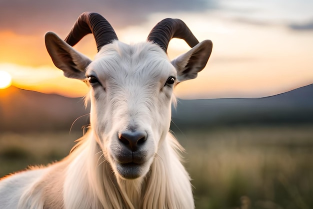 Une chèvre avec des cornes regarde la caméra