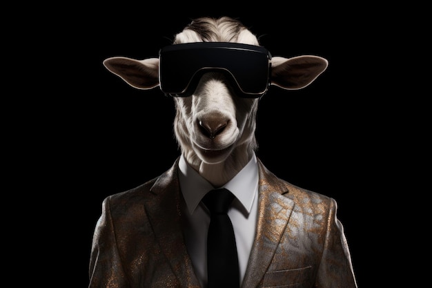 Chèvre en costume et réalité virtuelle sur fond noir