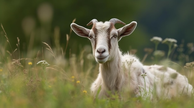 Une chèvre dans un champ d'herbe