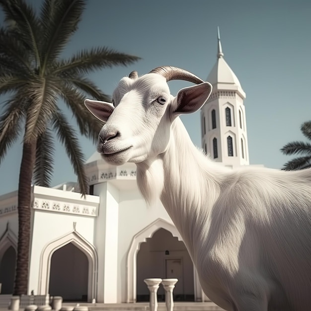 chèvre devant la mosquée de beauté avec fond de palmier eid al adha