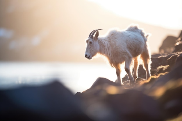 Chèvre éclairée avec des fusées solaires sur le bord de la falaise