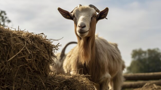 Une chèvre fière sur une balle de foin embrasse le charme rustique de la campagne