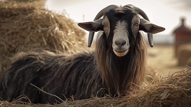 Une chèvre fière sur une balle de foin embrasse le charme rustique de la campagne