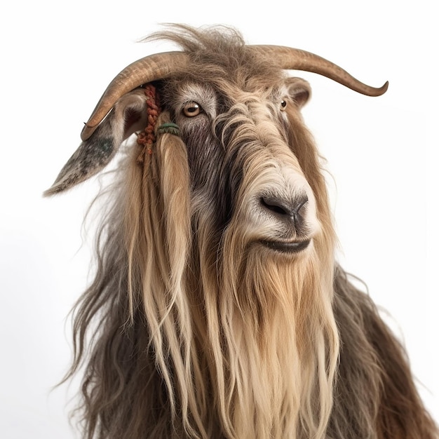 Chèvre avec une longue barbe tressée en dreadlocks et décorée de perles closeup portrait isolé