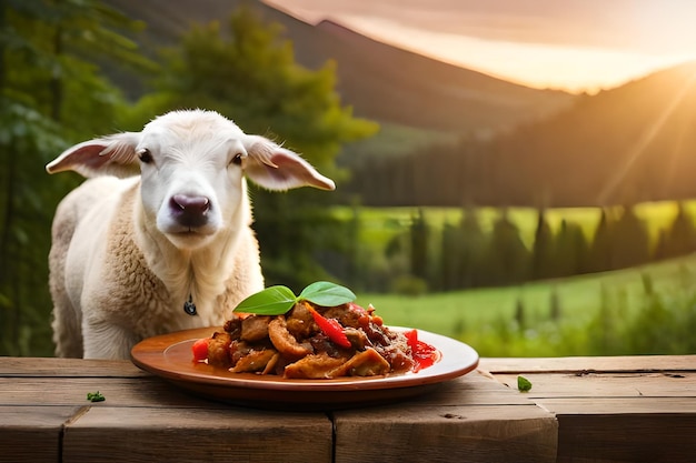 une chèvre mange un repas sur une clôture en bois.