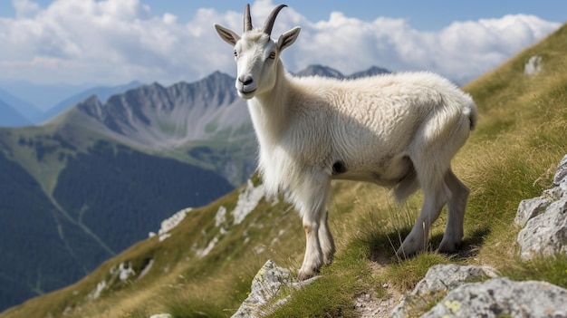 Une chèvre de montagne au sommet d'une montagne