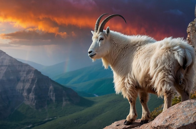 Chèvre de montagne sur la falaise avec le ciel arc-en-ciel