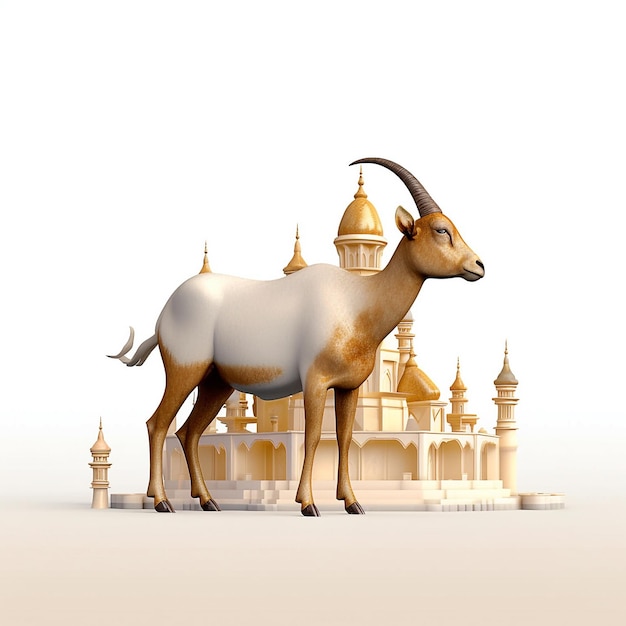 Chèvre et mosquée isolées sur fond blanc Élément de conception Eid al Adha Qurban Poster