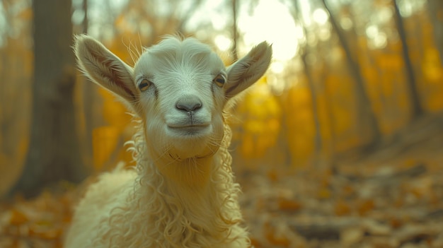 Une chèvre qui regarde en haut dans la forêt 4K