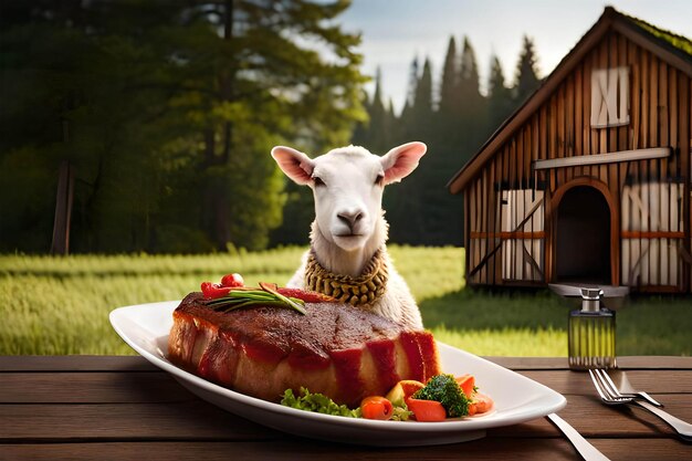 Une chèvre regarde une assiette de nourriture avec un gros morceau de bacon dessus.