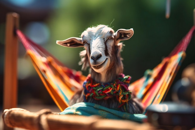 Une chèvre satisfaite portant un chapeau d'été et des lunettes de soleil grignotant une glace tout en se prélassant dans un hamac