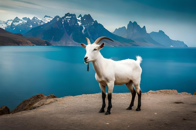 Une chèvre se dresse sur une colline devant un lac bleu.