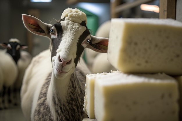 Une chèvre se tient devant une pile de fromages.