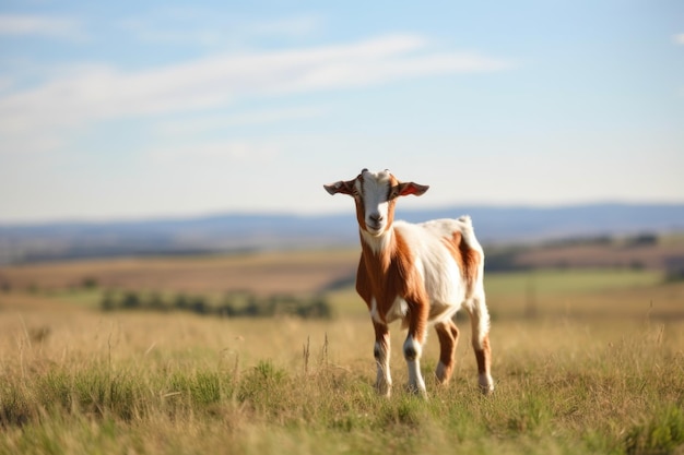 Une chèvre seule dans un grand pâturage vide