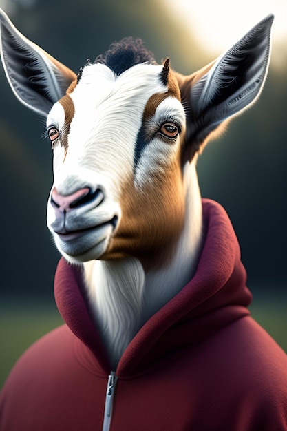 Une chèvre avec un sweat à capuche rouge et une veste rouge.