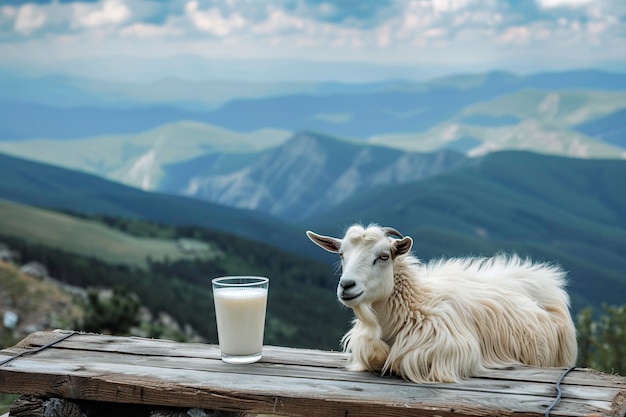 une chèvre et un verre de lait sur une table en bois dans les montagnes