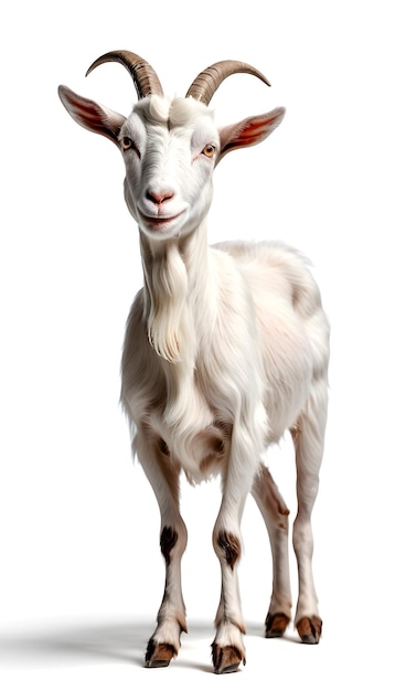 une chèvre avec un visage blanc et des pieds bruns et un visage blancs
