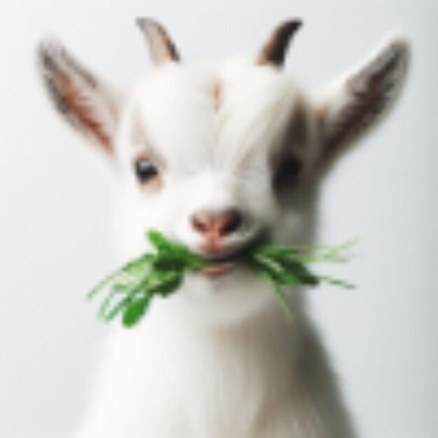 Photo une chèvre avec un visage blanc et des yeux bruns tient une corde d'herbe verte