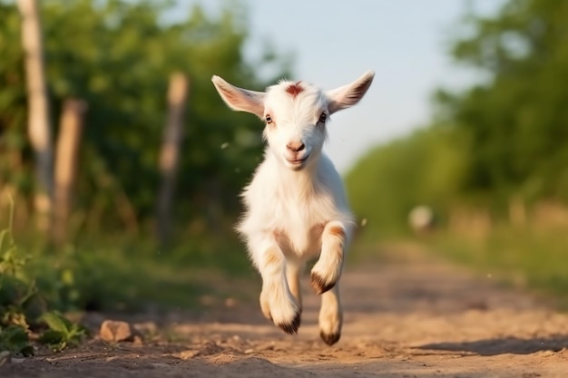 un chevreau s'exécutant dans un champ avec une clôture