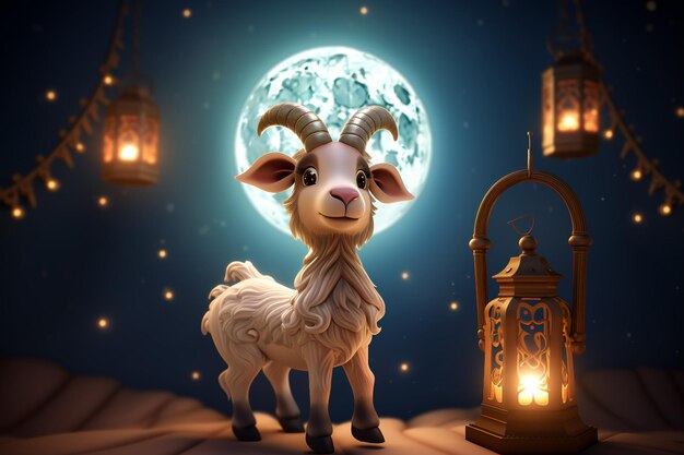 Chèvres avec des lanternes et des lumières célébrant l'Aïd alAdha