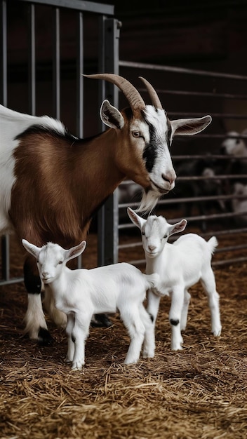 Des chèvres mère et bébé brunes et blanches à l'intérieur d'une grange