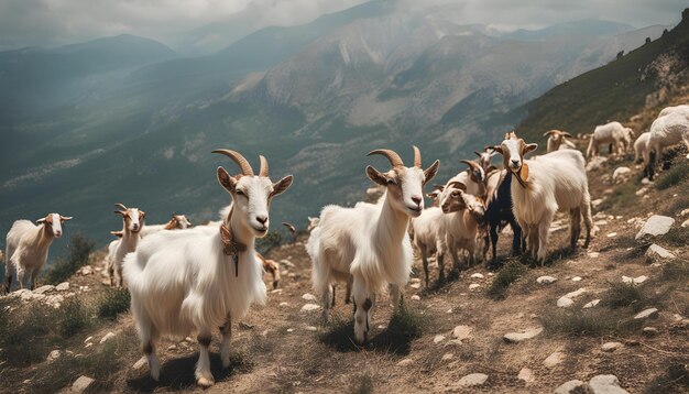 Photo des chèvres sur une montagne avec des montagnes en arrière-plan