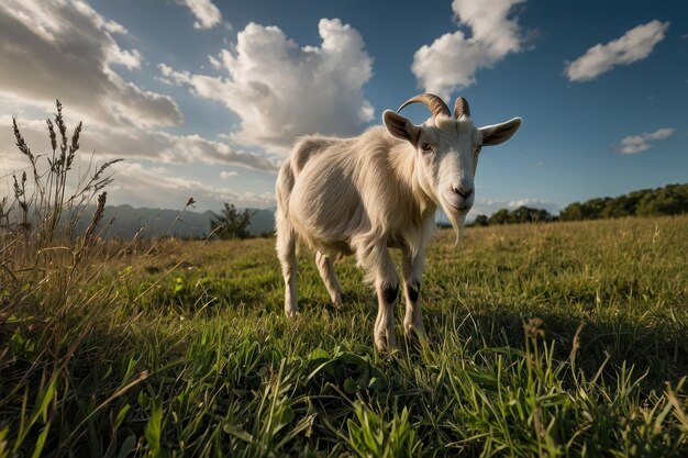 Photo des chèvres paissent dans un pâturage ensoleillé