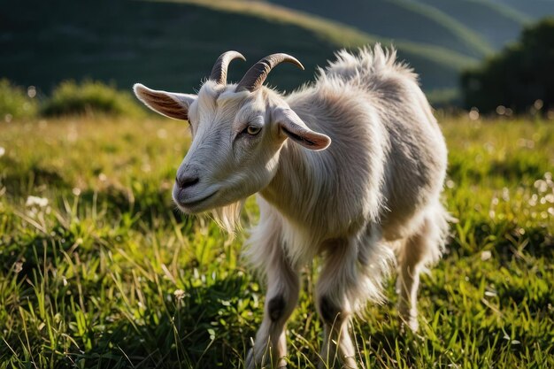 Photo des chèvres paissent dans un pâturage ensoleillé