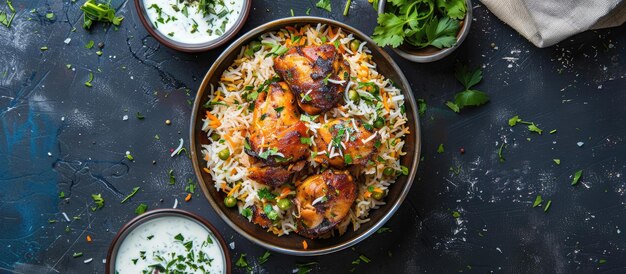 Photo chicken dum biryani fait maison affiché avec la raita capturée d'en haut sur un fond bleu foncé