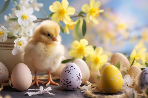 Chicken mignon et œuf de Pâques avec des fleurs de printemps adorable petit oiseau sur le fond du printemps peut être utilisé pour