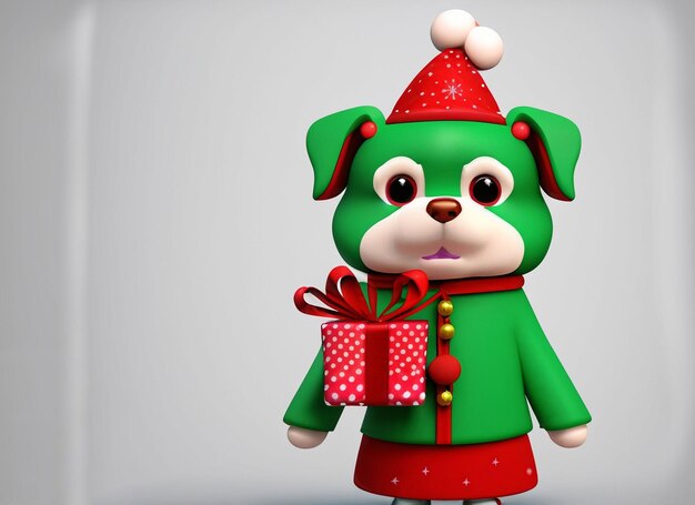 Un chien 3D tenant un cœur rouge et un cadeau de Noël et portant une robe de Noël