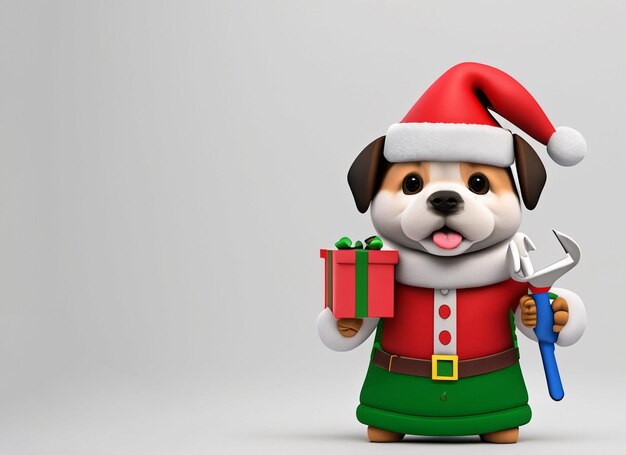 Un chien 3D tenant un cœur rouge et un cadeau de Noël et portant une robe de Noël