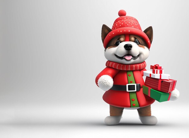 Un chien 3D tenant un cœur rouge et un cadeau de Noël et portant une robe de Noël