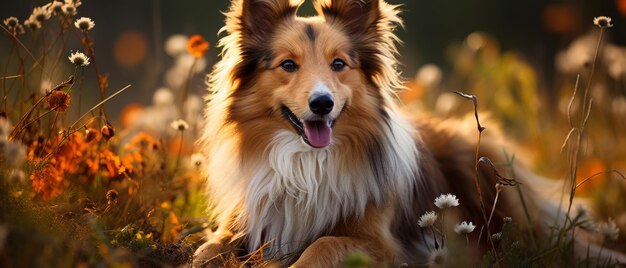 Un chien à l'abri au coucher du soleil