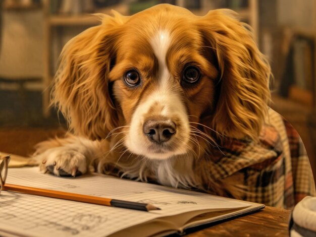 Un chien adorable assis à la table et fermant les yeux avec la caméra