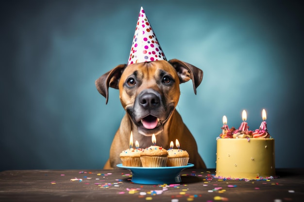 Un chien adorable portant un chapeau de fête et célébrant avec un gâteau